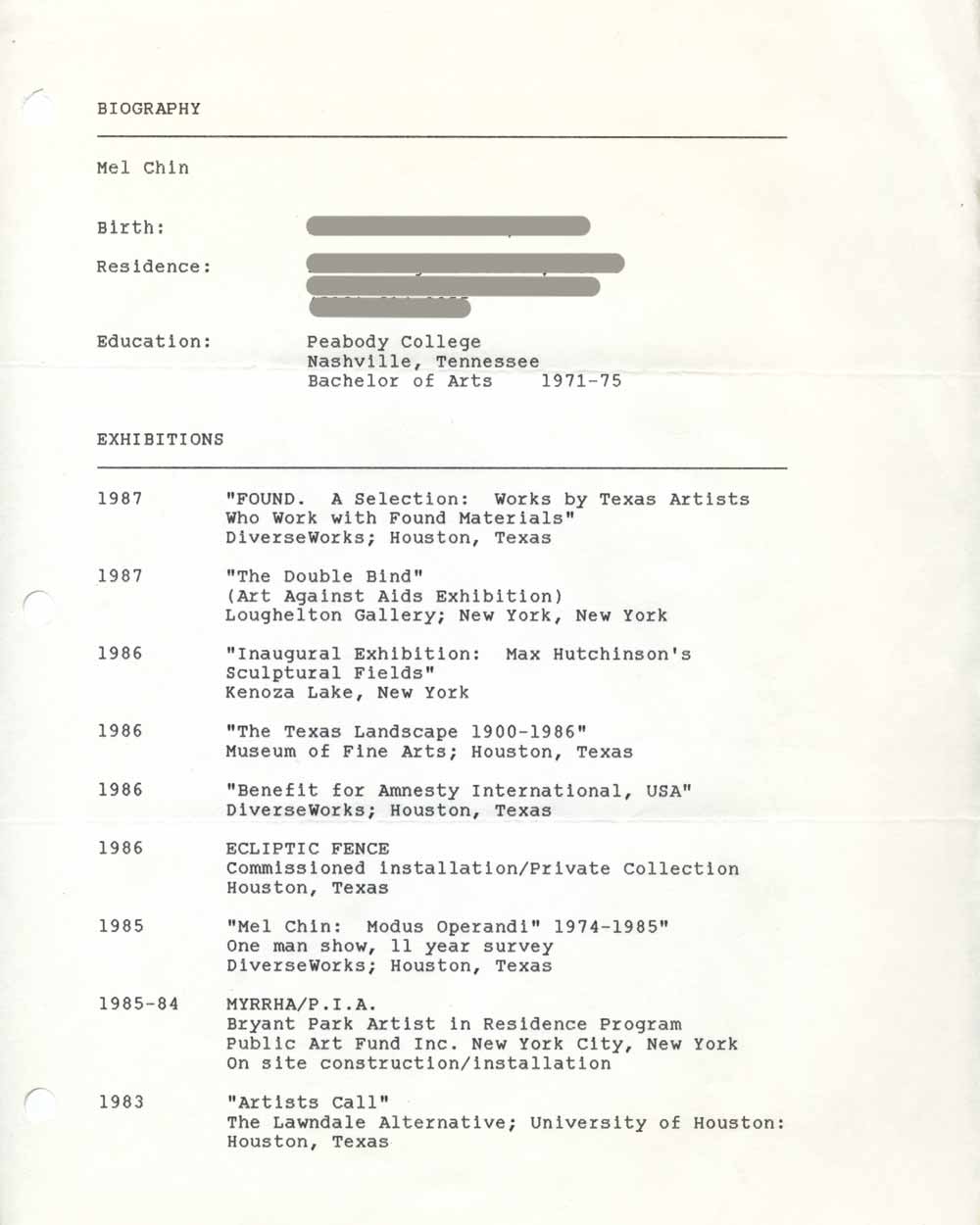 Mel Chin's Resume, pg 1